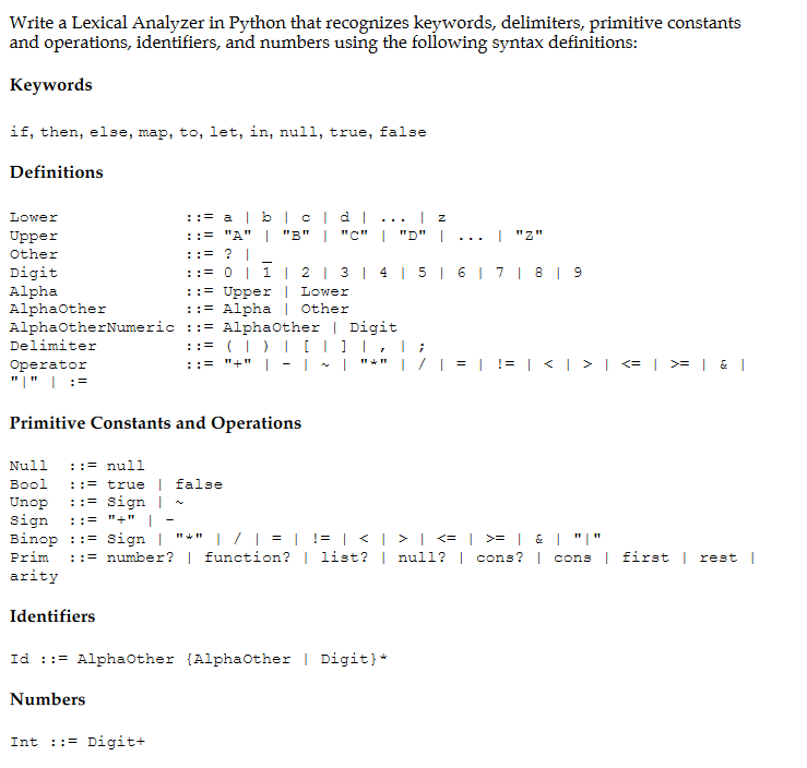 Solved Write a Lexical Analyzer in Python that recognizes | Chegg.com