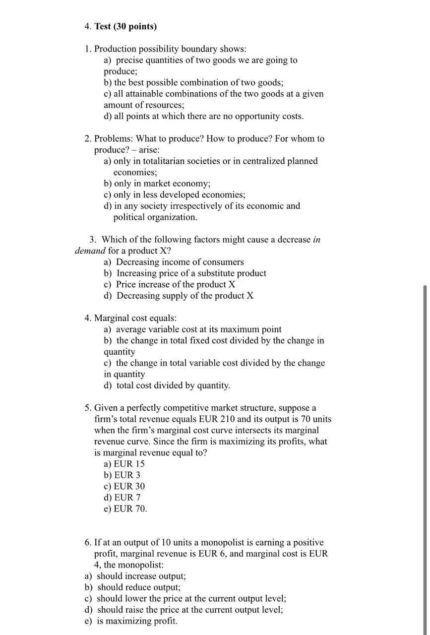 Solved 4. Test (30 points) 1. Production possibility | Chegg.com