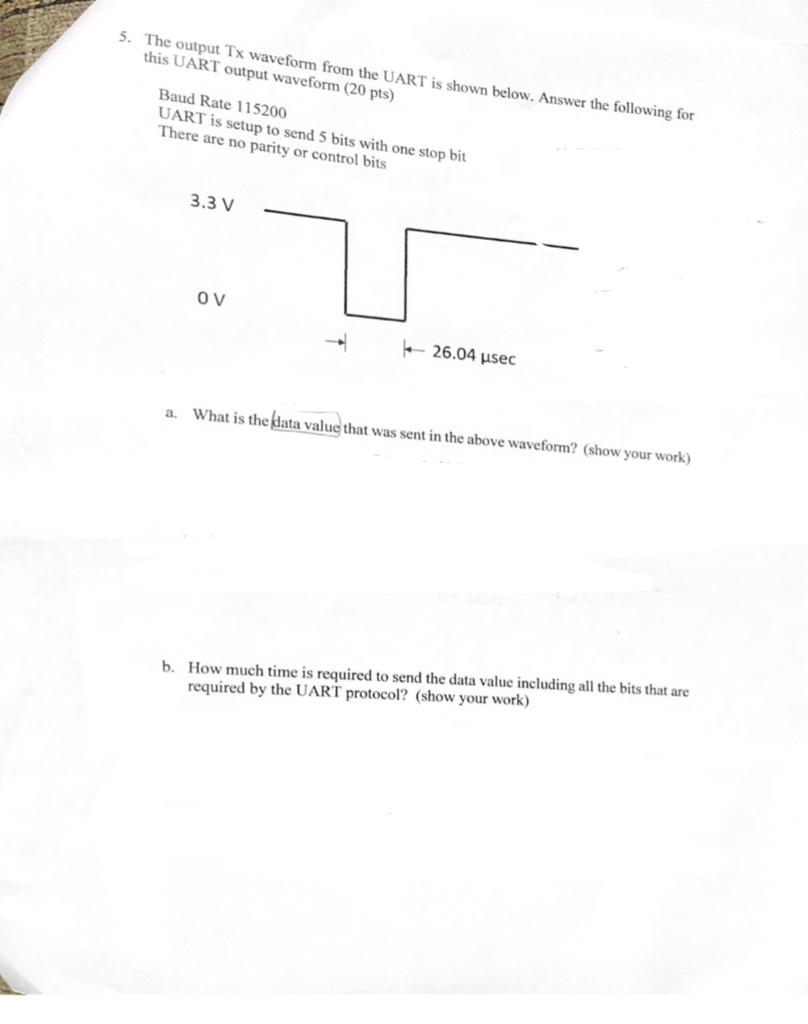 [Solved]: 5. The output Tx waveform from the UART is shown
