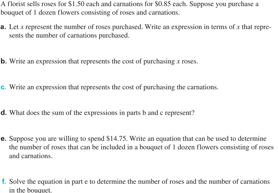 Solved A florist sells roses for 1.50 each and carnations