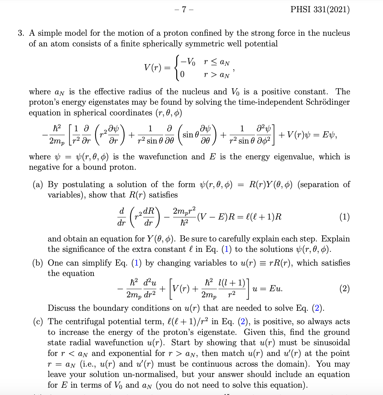 Solved 3. A Simple Model For The Motion Of A Proton Confined 