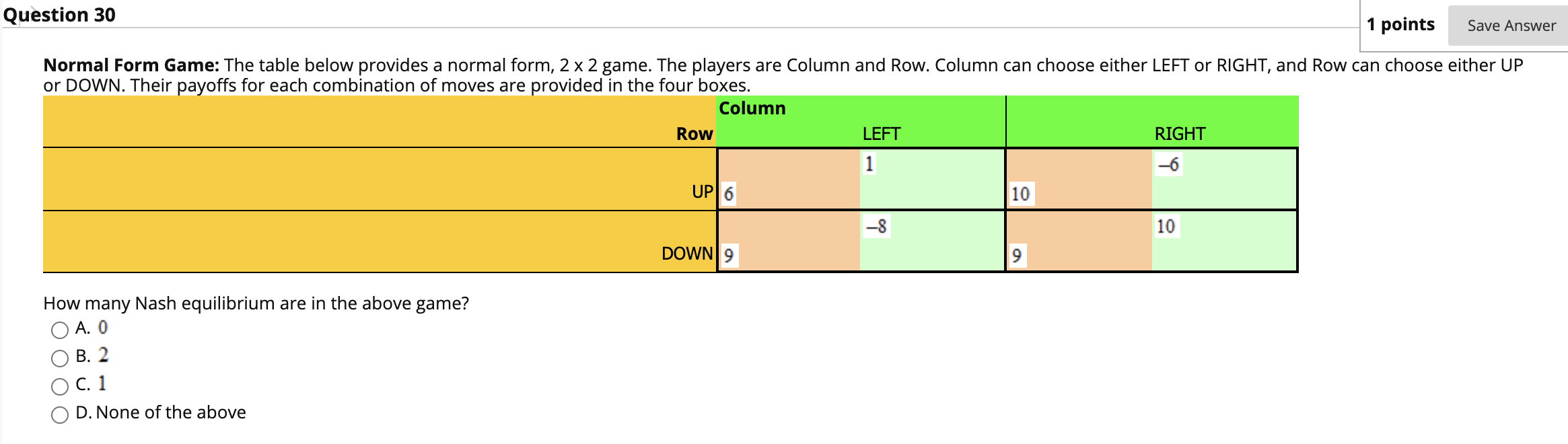 Solved Question 30 1 points Save Answer Normal Form Game: | Chegg.com