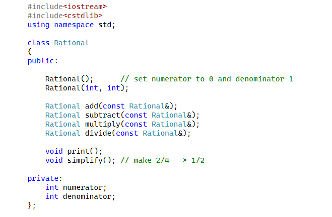 Solved Define a class for rational numbers. A rational | Chegg.com