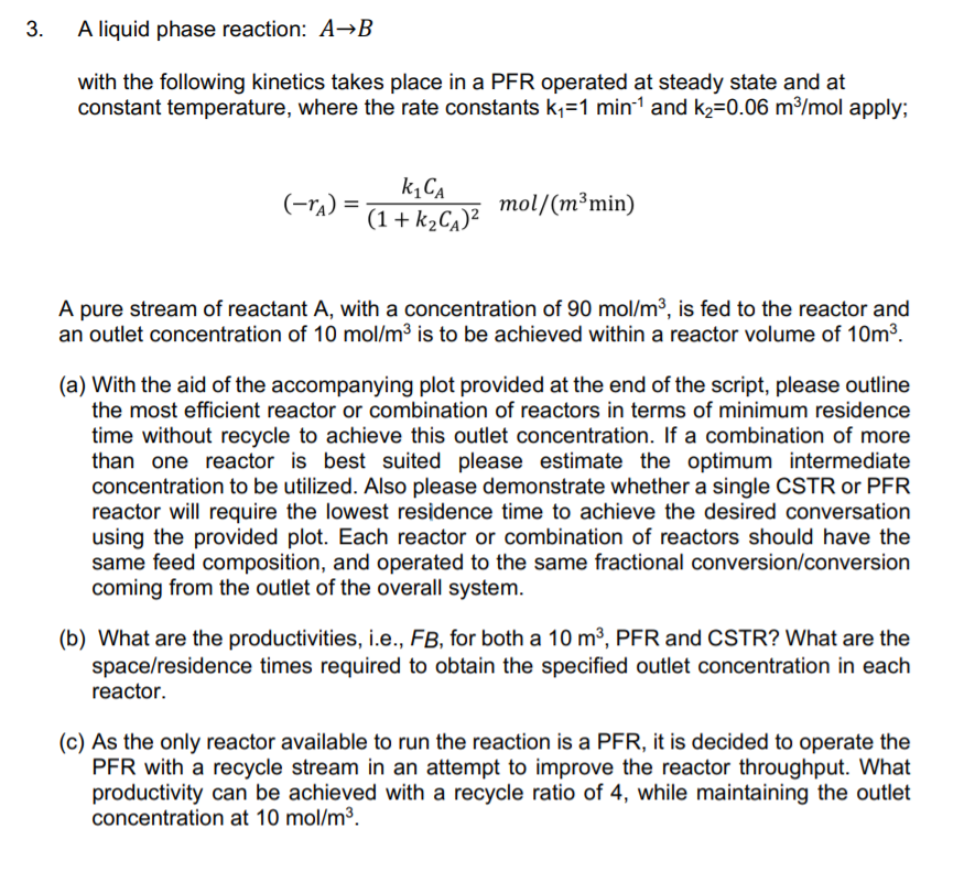 Solved 3. A liquid phase reaction: A-B with the following | Chegg.com