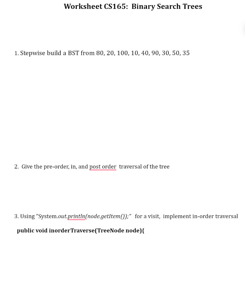 Worksheet CS165: Binary Search Trees 1. Stepwise | Chegg.com