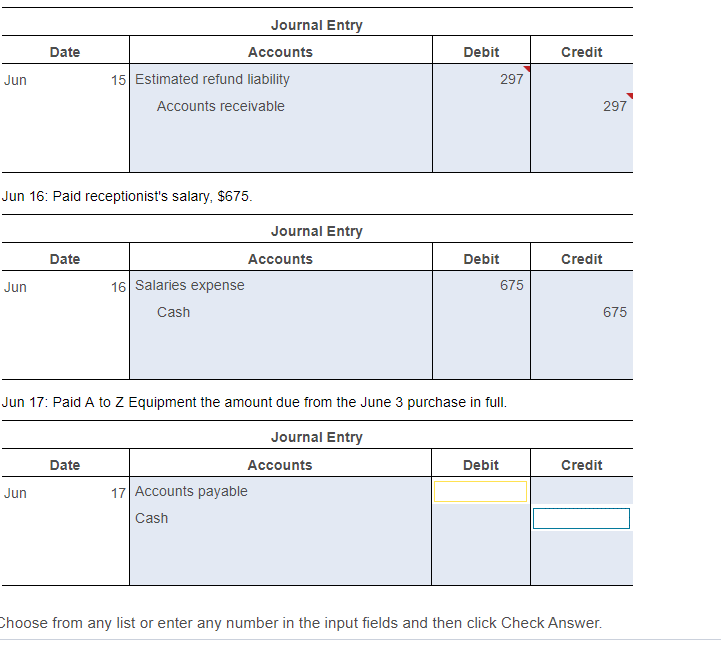 Solved Jun 17: Paid A to Z Equipment amount due from | Chegg.com