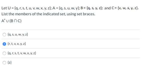 Solved Let U = {q, r, s, t, u, v, w, x, y, z); A = {q, s, u, | Chegg.com