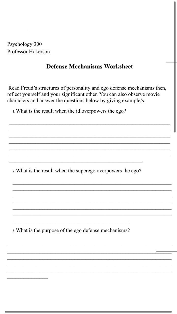Solved Psychology 300 Professor Hokerson Defense Mechanisms 