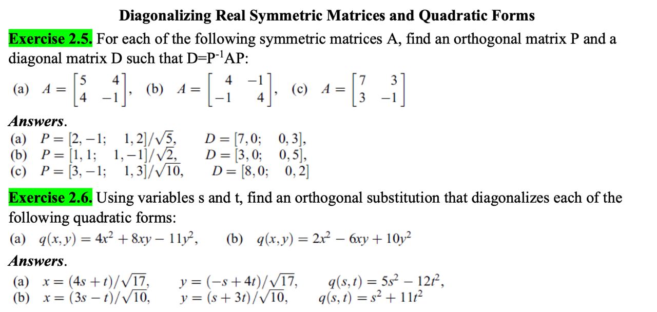Solved Diagonalizing Real Symmetric Matrices and Quadratic | Chegg.com