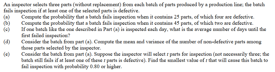 Solved An inspector selects three parts (without | Chegg.com