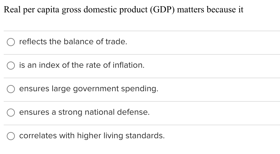 Solved Real per capita gross domestic product (GDP) matters | Chegg.com