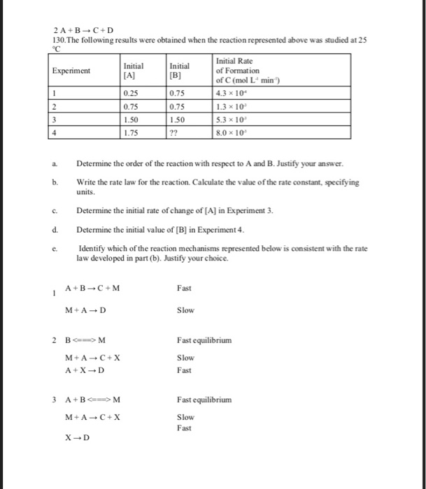 Solved 2 A+B C+ D 130.The following results were obtained | Chegg.com