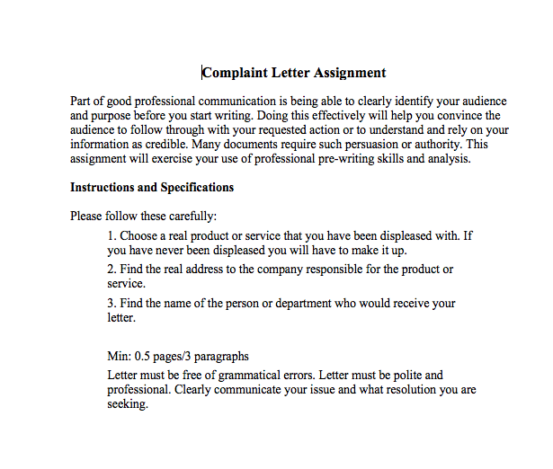 Complaint Letter Assignment good professional | Chegg.com