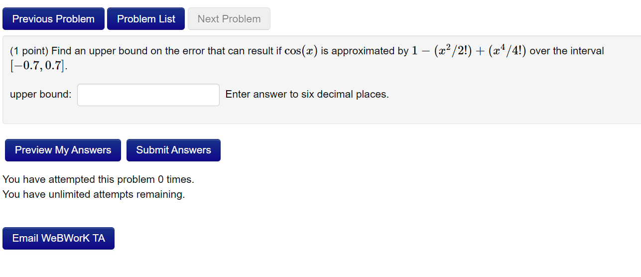 Solved (1 point) Find an upper bound on the error that can | Chegg.com