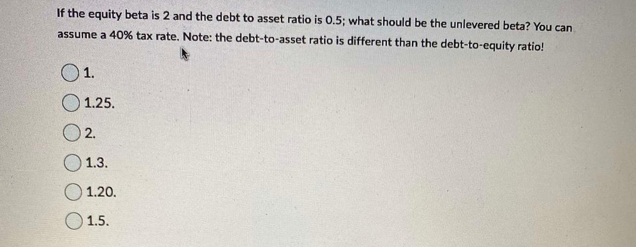 Solved If The Equity Beta Is 2 And The Debt To Asset Ratio | Chegg.com