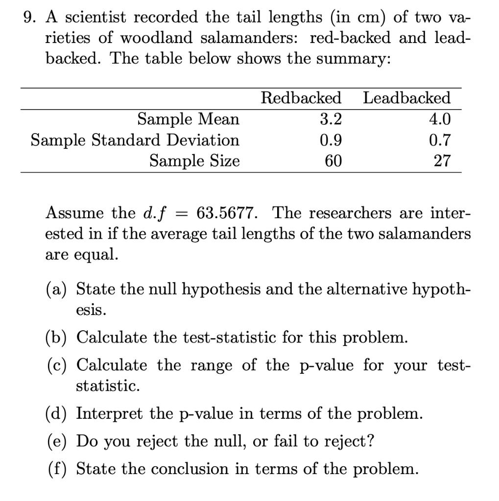 Solved 9. A scientist recorded the tail lengths (in cm) of | Chegg.com