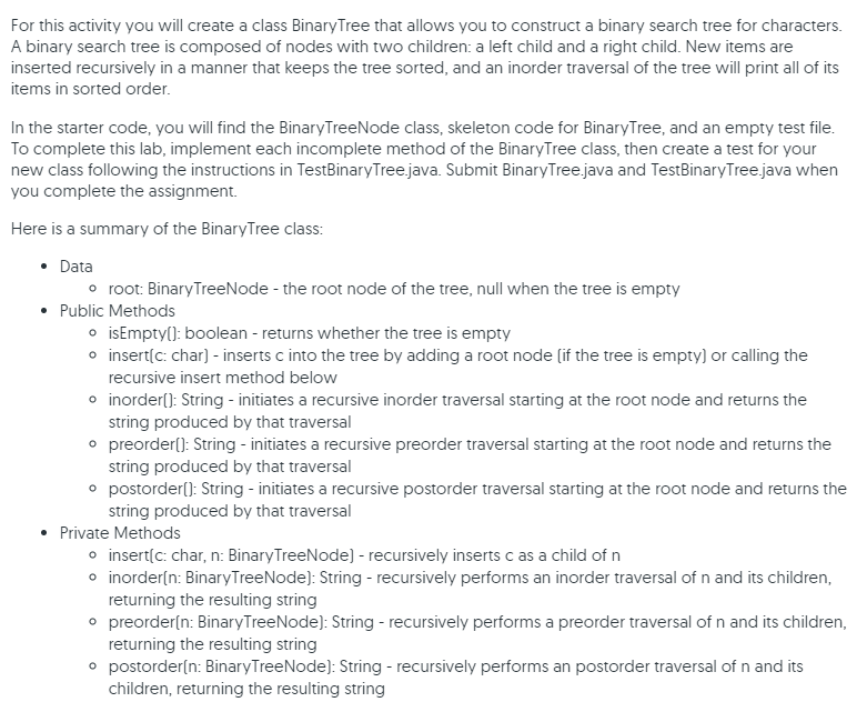 Solved For this activity you will create a class Binary Tree | Chegg.com