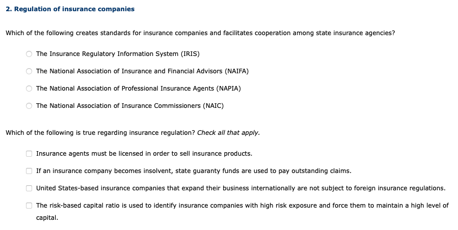 Solved 2. Regulation Of Insurance Companies Which Of The | Chegg.com