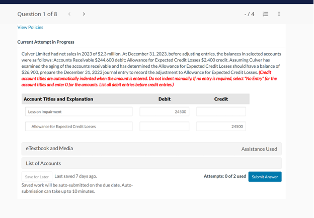 Solved View Policies Current Attempt in Progress Culver | Chegg.com