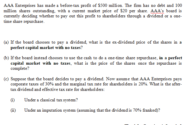 a Enterprises Has Made A Before Tax Profit Of 500 Chegg Com