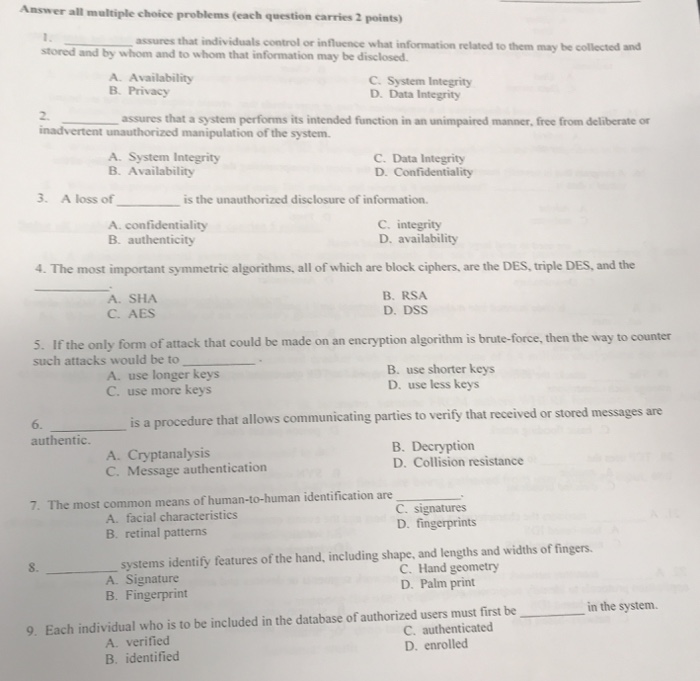 Solved Answer all multiple choice problems (each question | Chegg.com