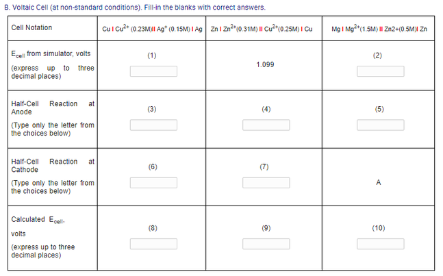 Solved B. Voltaic Cell (at Non-standard Conditions). Fill In | Chegg.com