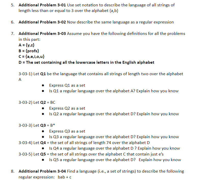 Solved Additional Problem 3-01 Use set notation to describe | Chegg.com