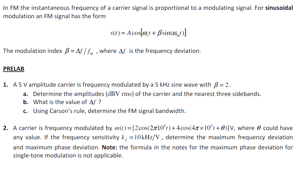 Solved In FM the instantaneous frequency of a carrier signal