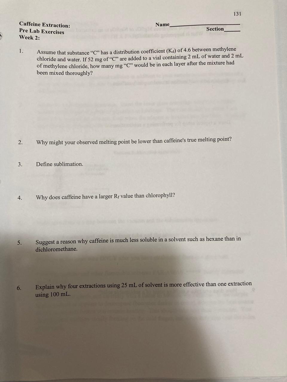 Solved Caffeine Extraction Pre Lab Exercises Week 2 1 Chegg