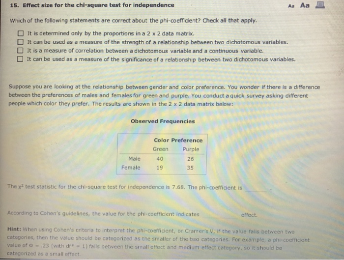 Solved 15. Effect size for the chi-square test for | Chegg.com
