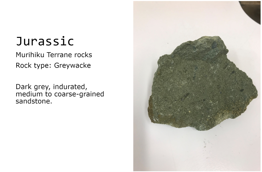 Jurassic
Murihiku Terrane rocks
Rock type: Greywacke
Dark grey, indurated,
medium to coarse-grained
sandstone.