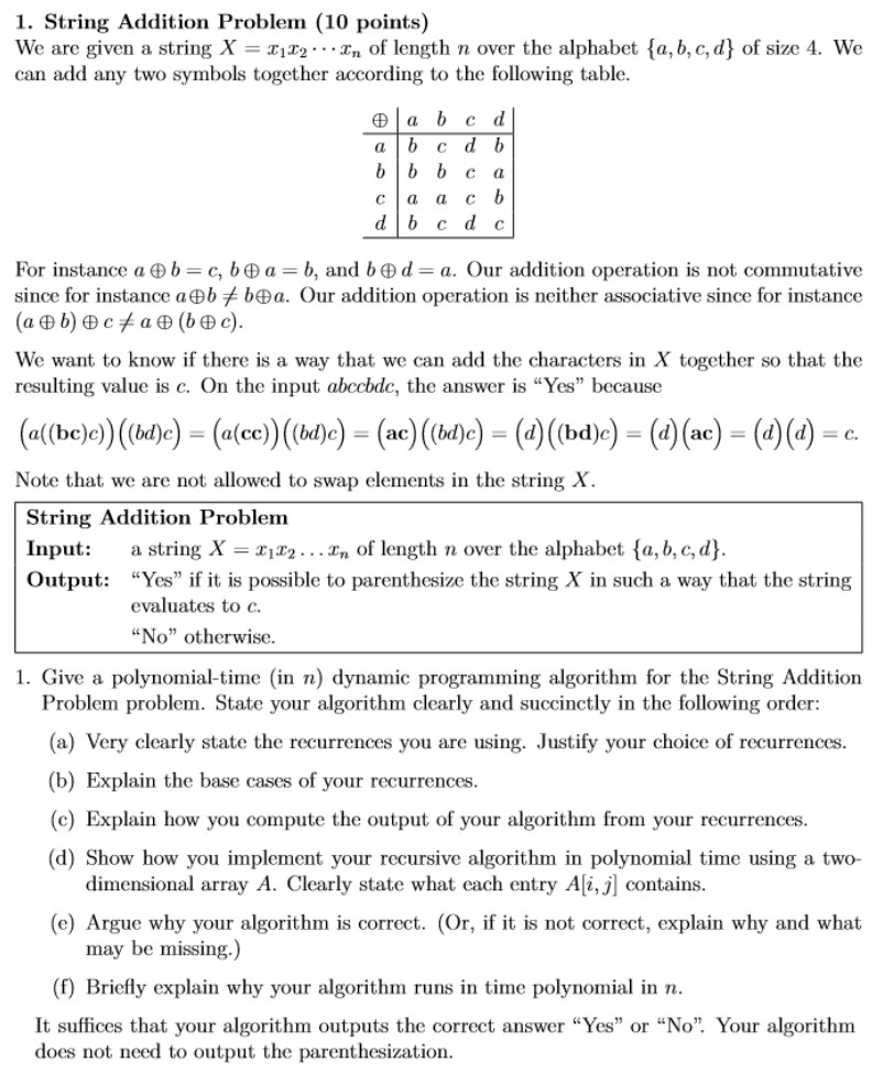 1. String Addition Problem (10 points) We are given a | Chegg.com