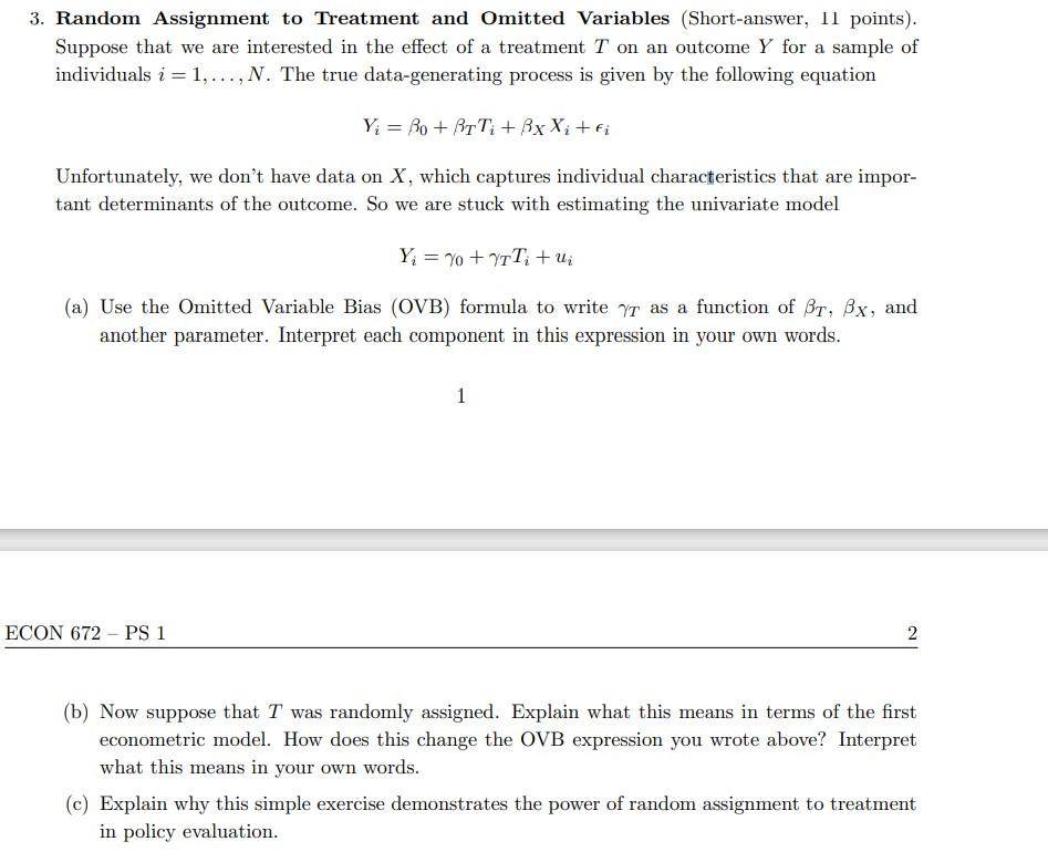 Solved 3. Random Assignment to Treatment and Omitted | Chegg.com
