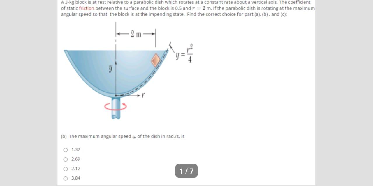 Solved A 3-kg block is at rest relative to a parabolic dish | Chegg.com