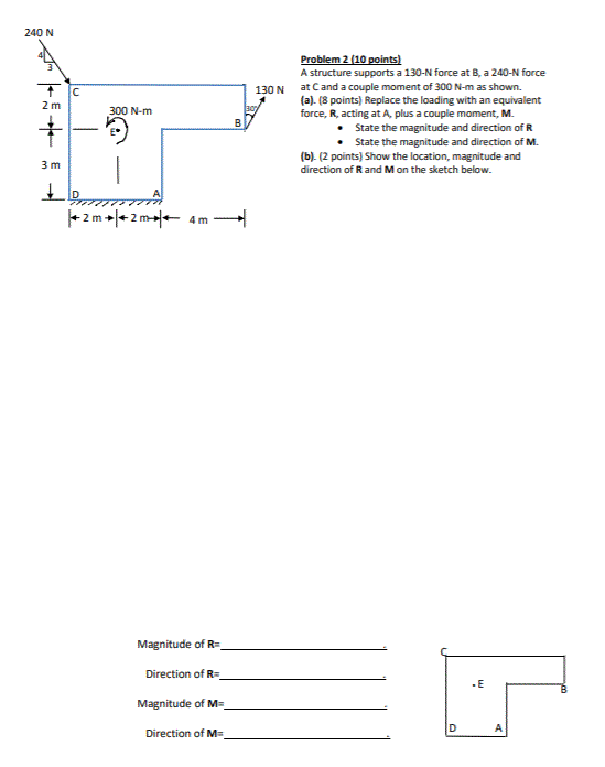 Solved 240 N 2 m 300 N-m † Problem 2 (10 points) A structure | Chegg.com