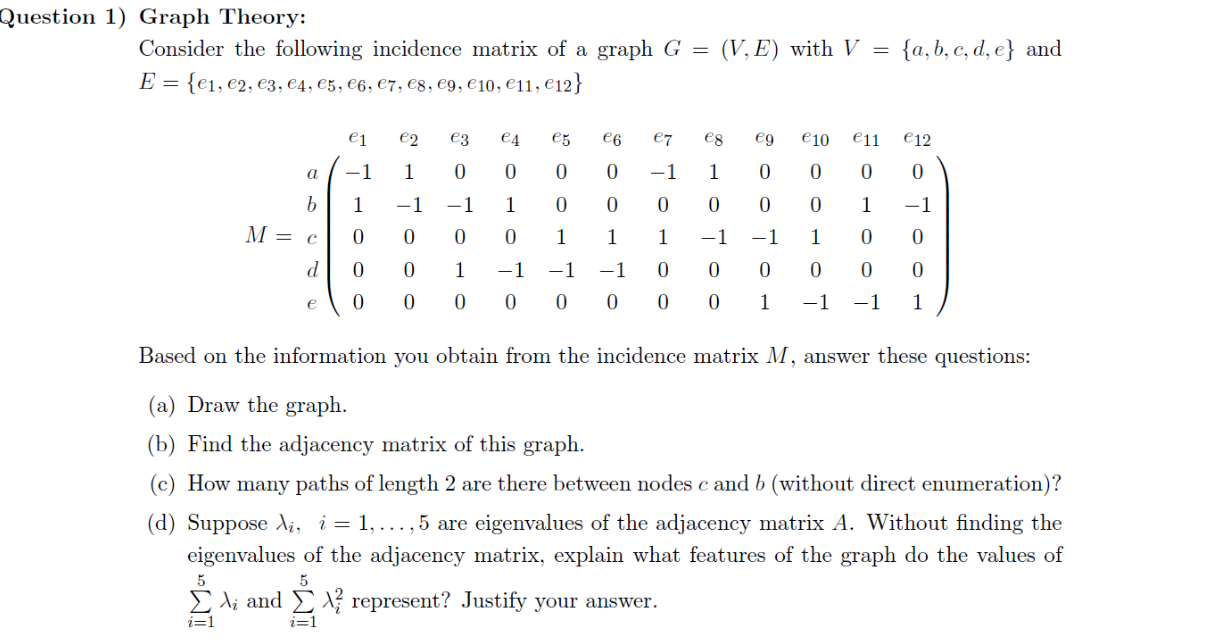 Solved Graph Theory: Consider The Following Incidence Matrix | Chegg.com