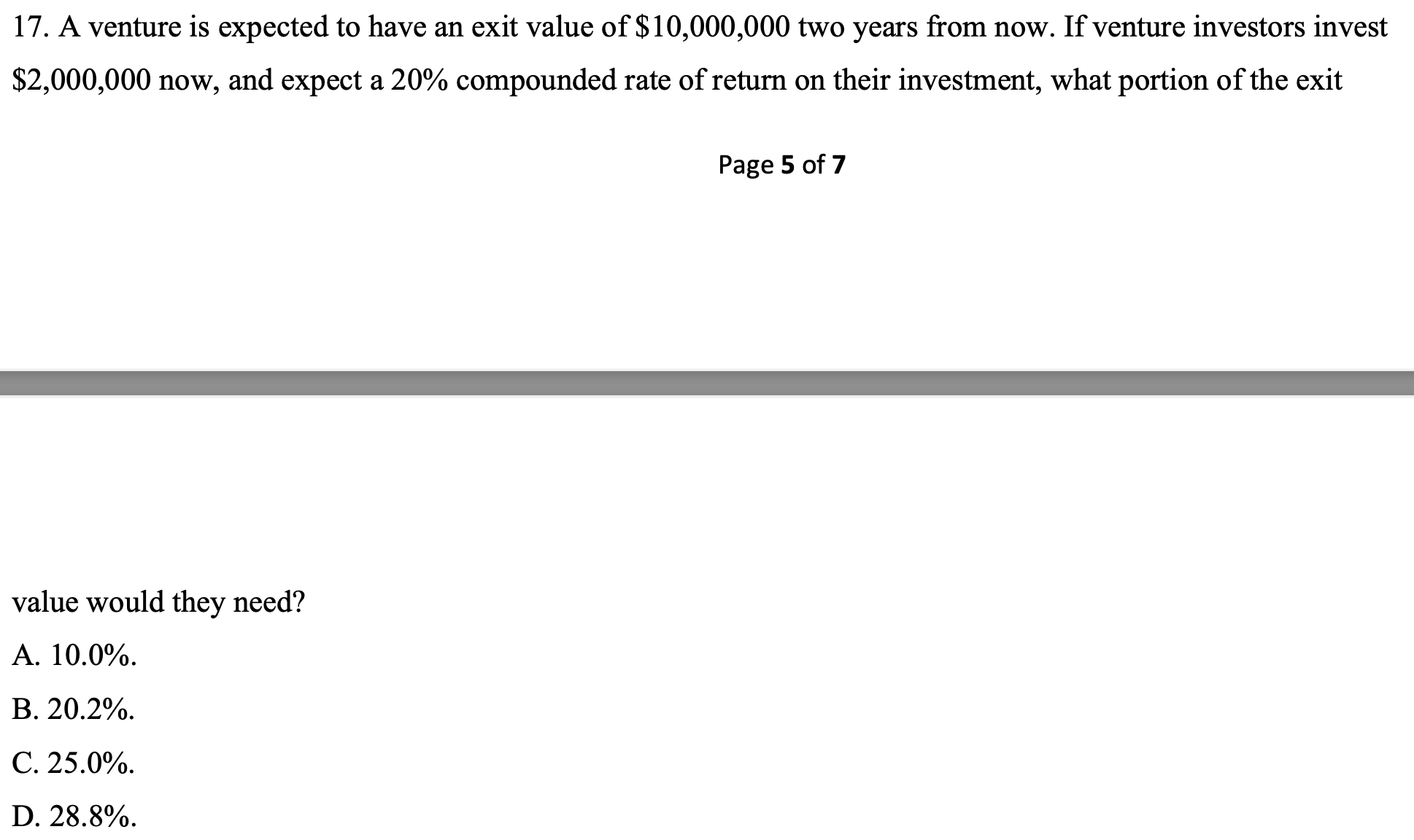 Solved 17. A venture is expected to have an exit value of | Chegg.com