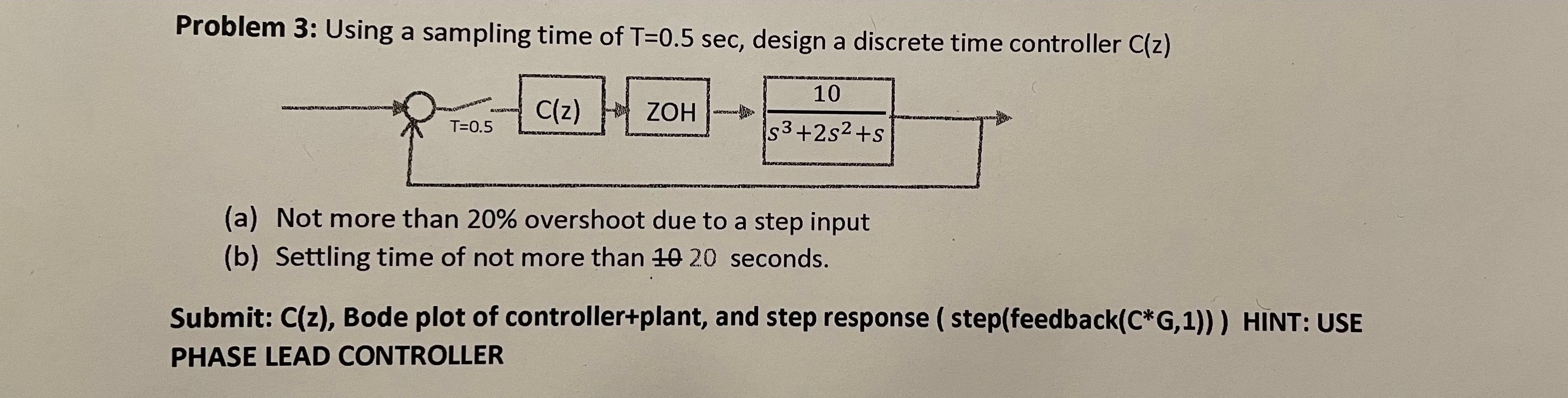 Solved Problem 3: Using a sampling time of T=0.5 sec, design | Chegg.com