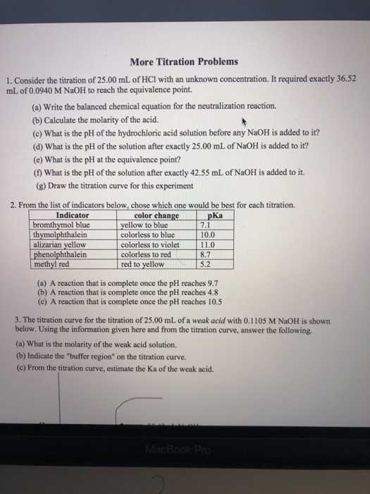 Solved More Titration Problems 1. Consider the titration of | Chegg.com