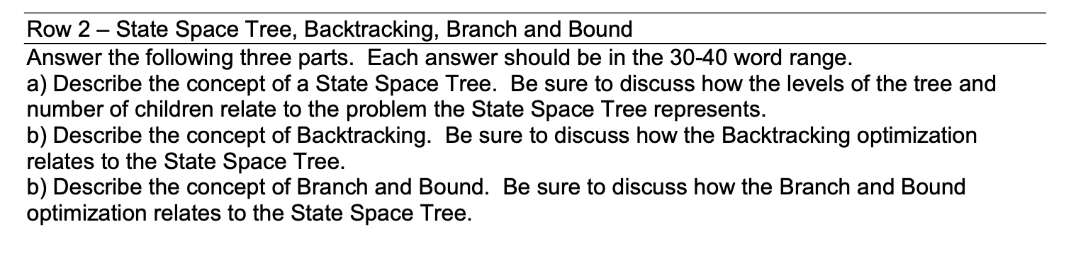 Solved Row 2 - State Space Tree, Backtracking, Branch and | Chegg.com