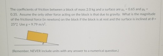 Solved The coefficients of friction between a block of mass | Chegg.com
