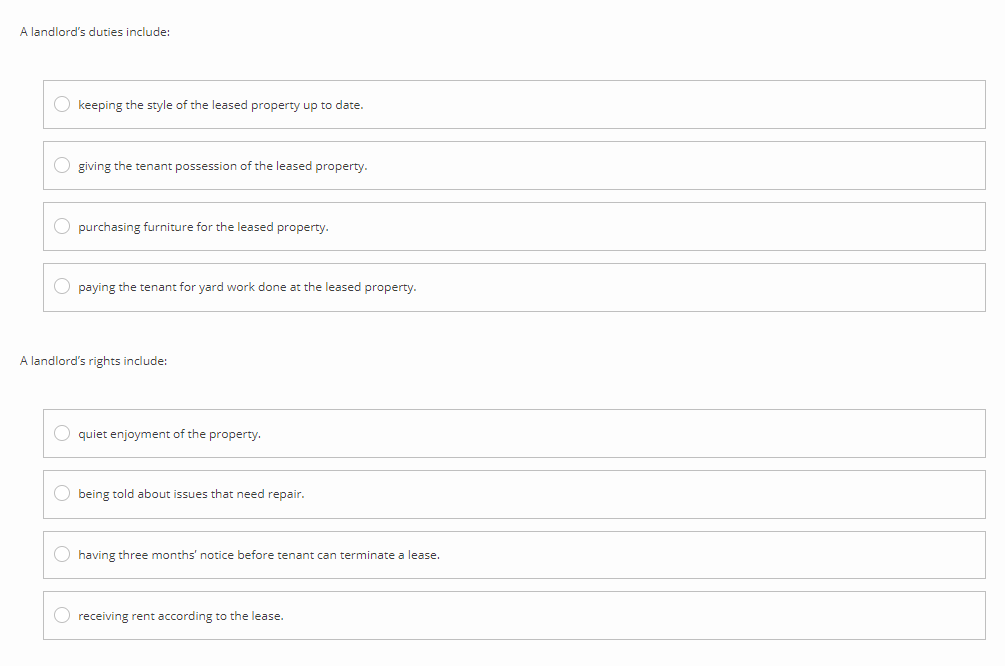 Solved A landlord's duties include keeping the style of the