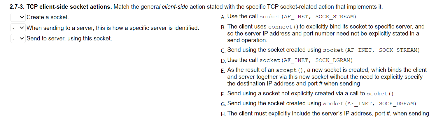 Solved 2.7-3. TCP client-side socket actions. Match the | Chegg.com