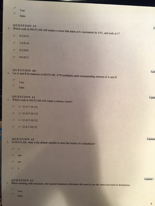 Solved Which code in MATLAB will create a vector that starts | Chegg.com
