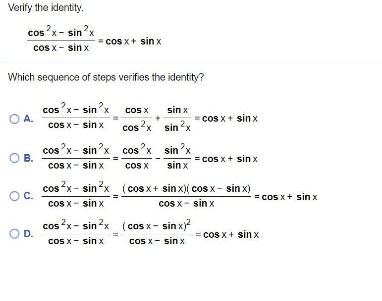 Solved Verify the identity. cos?x- sin 2x COS X - sin x = | Chegg.com ...