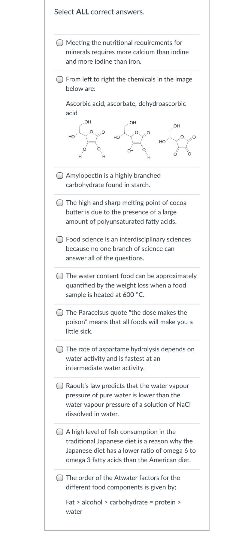 Solved Select ALL correct answers. Meeting the nutritional | Chegg.com
