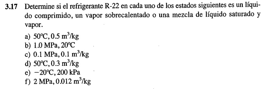 3.17 Determine si el refrigerante \( R-22 \) en cada uno de los estados siguientes es un líquido comprimido, un vapor sobreca