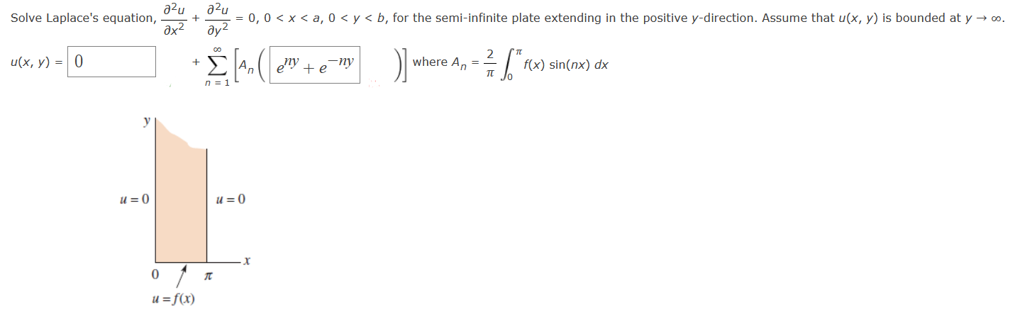 Solve Laplaces equation, \( \frac{\partial^{2} u}{\partial x^{2}}+\frac{\partial^{2} u}{\partial y^{2}}=0,0<x<a, 0<y<b \), f