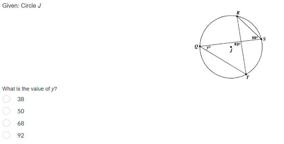 Solved Given: Circle J What is the value of y ? 38 50 68 92 | Chegg.com