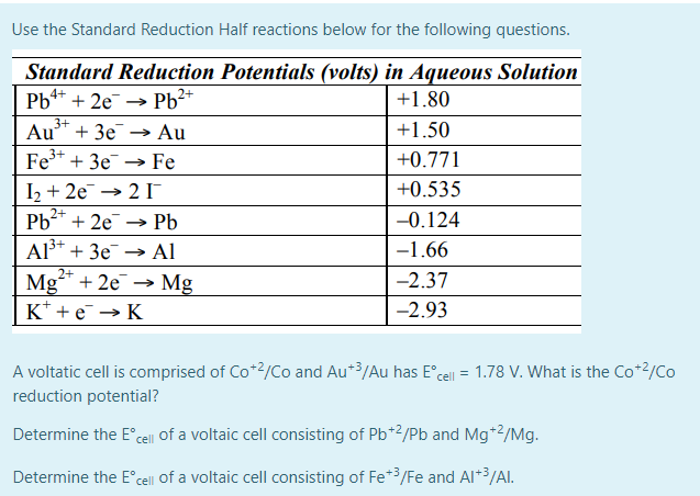 Solved Use the Standard Reduction Half reactions below for | Chegg.com
